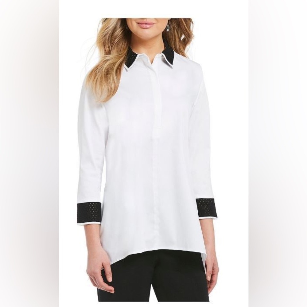 Ming Wang‎ Black White Contrast Collar Cotton Button Front Tunic Small
